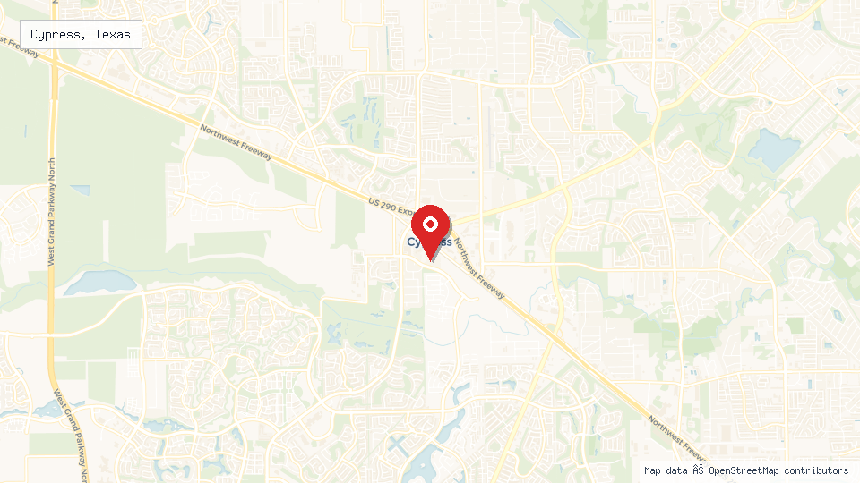 Street map of Cypress, Texas with location pin