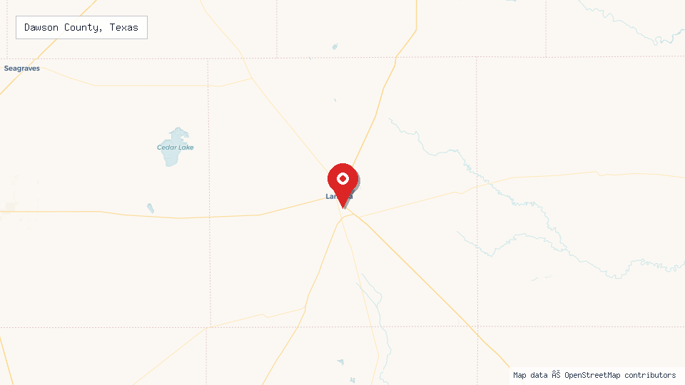 Street map of Dawson County, Texas with location pin