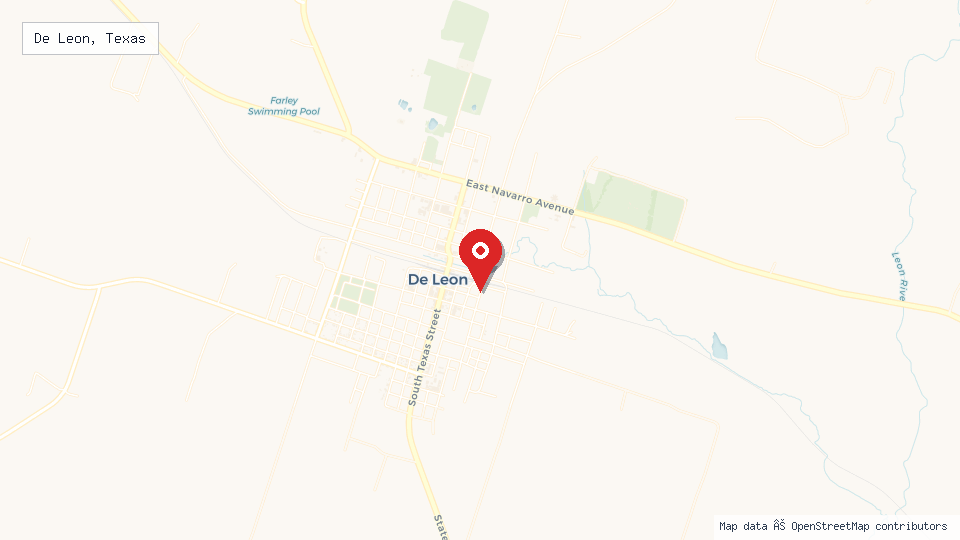 Street map of De Leon, Texas with location pin