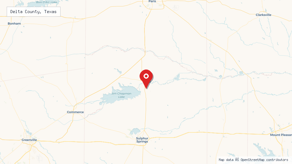Street map of Delta County, Texas with location pin