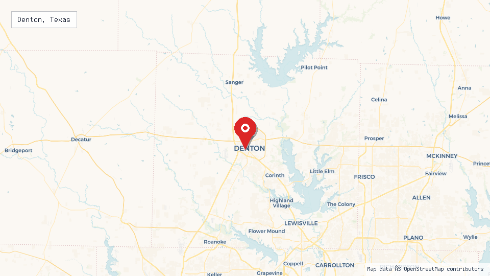 Street map of Denton, Texas with location pin