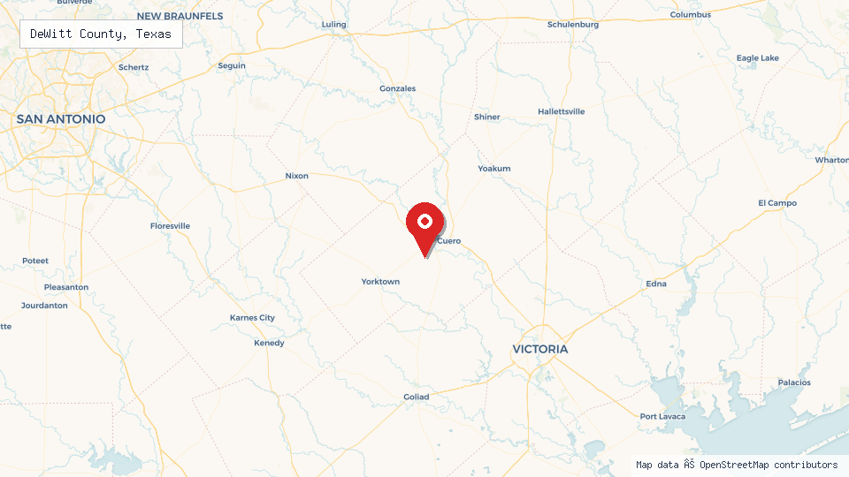 Street map of DeWitt County, Texas with location pin