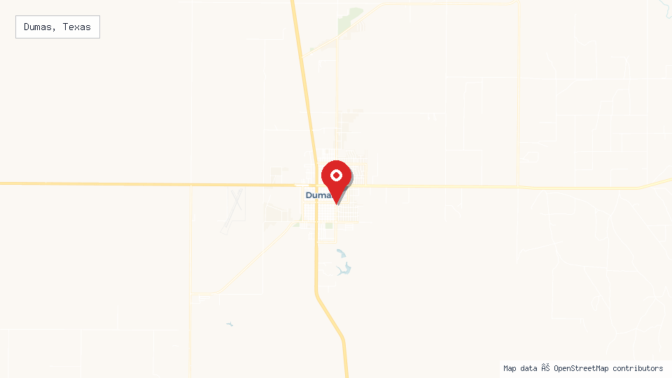 Street map of Dumas, Texas with location pin