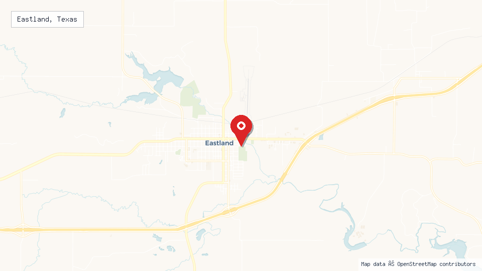 Street map of Eastland, Texas with location pin