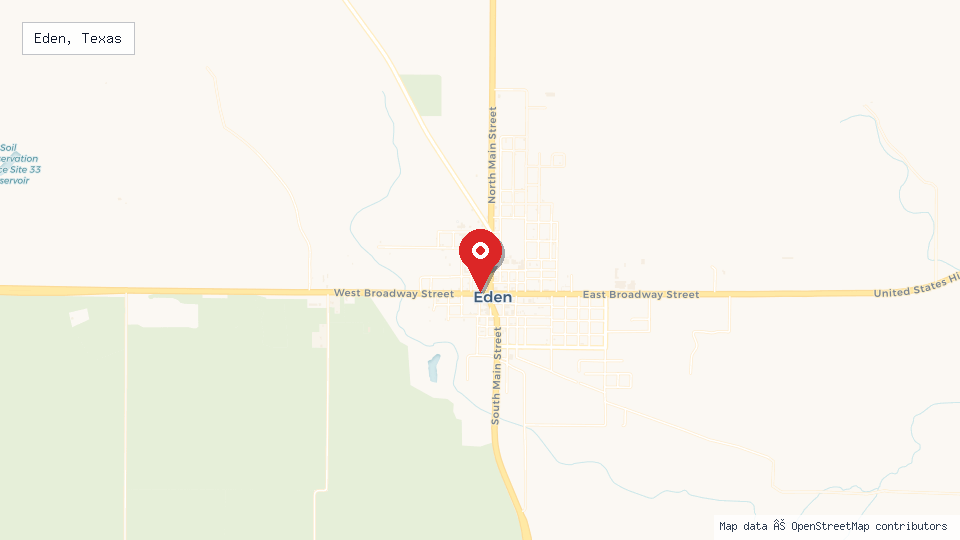 Street map of Eden, Texas with location pin