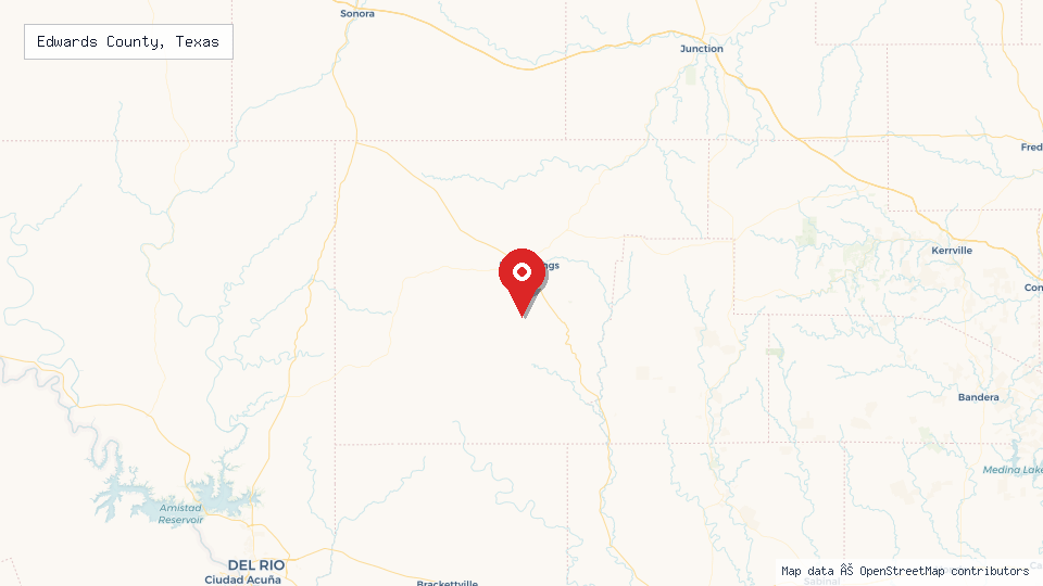 Street map of Edwards County, Texas with location pin