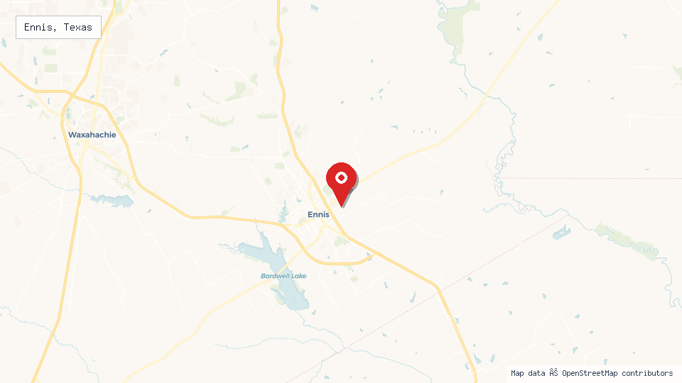Street map of Ennis, Texas with location pin