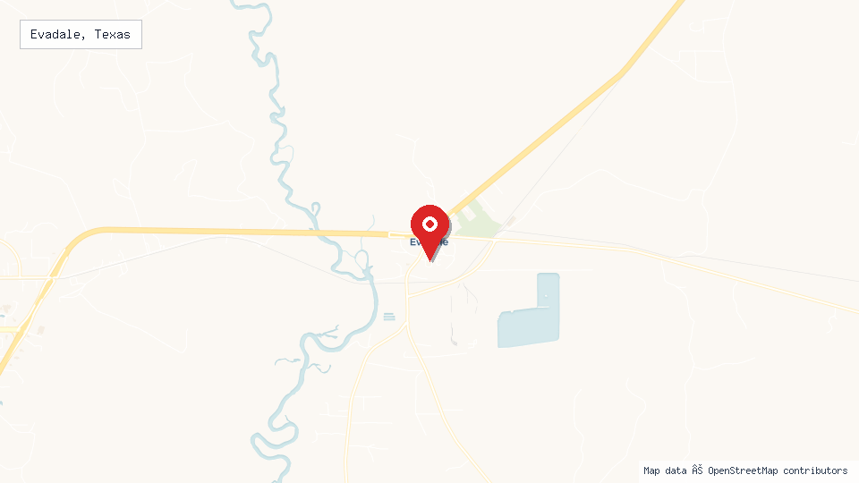 Street map of Evadale, Texas with location pin