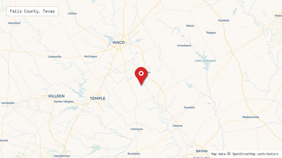 Street map of Falls County, Texas with location pin