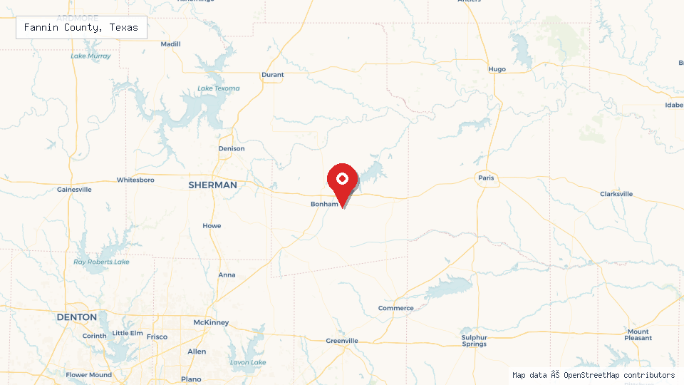 Street map of Fannin County, Texas with location pin