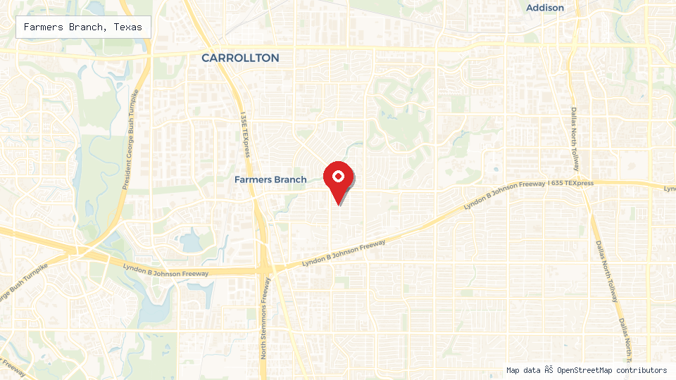 Street map of Farmers Branch, Texas with location pin