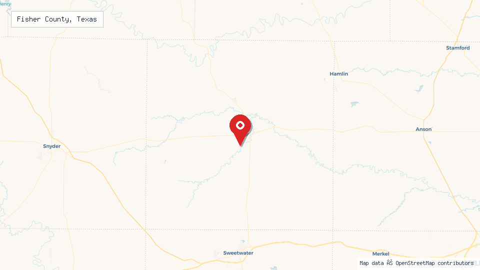 Street map of Fisher County, Texas with location pin