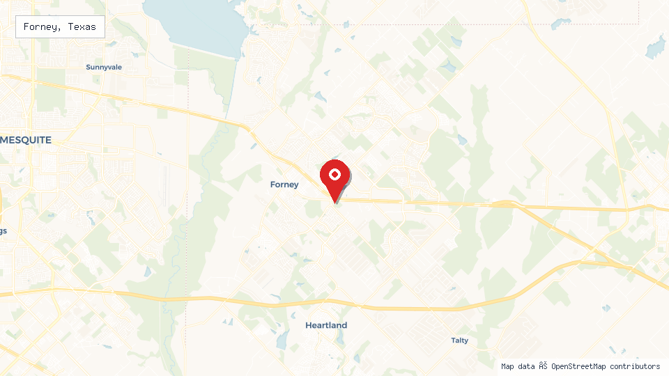 Street map of Forney, Texas with location pin