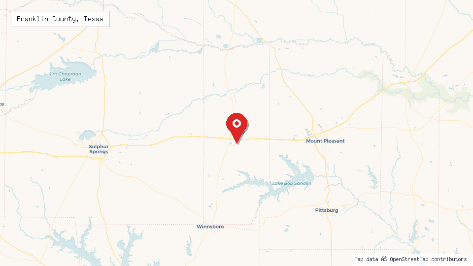 Street map of Franklin County, Texas with location pin