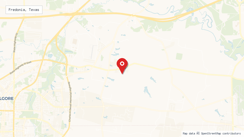 Street map of Fredonia, Texas with location pin