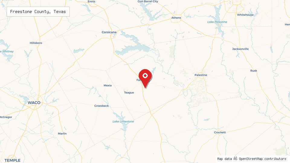 Street map of Freestone County, Texas with location pin