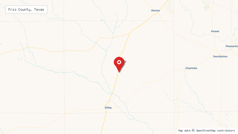 Street map of Frio County, Texas with location pin