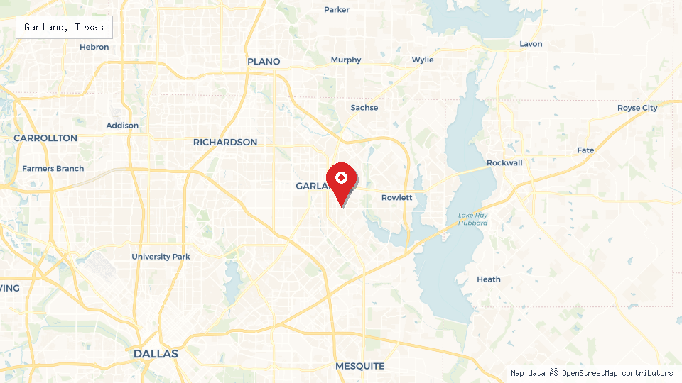 Street map of Garland, Texas with location pin