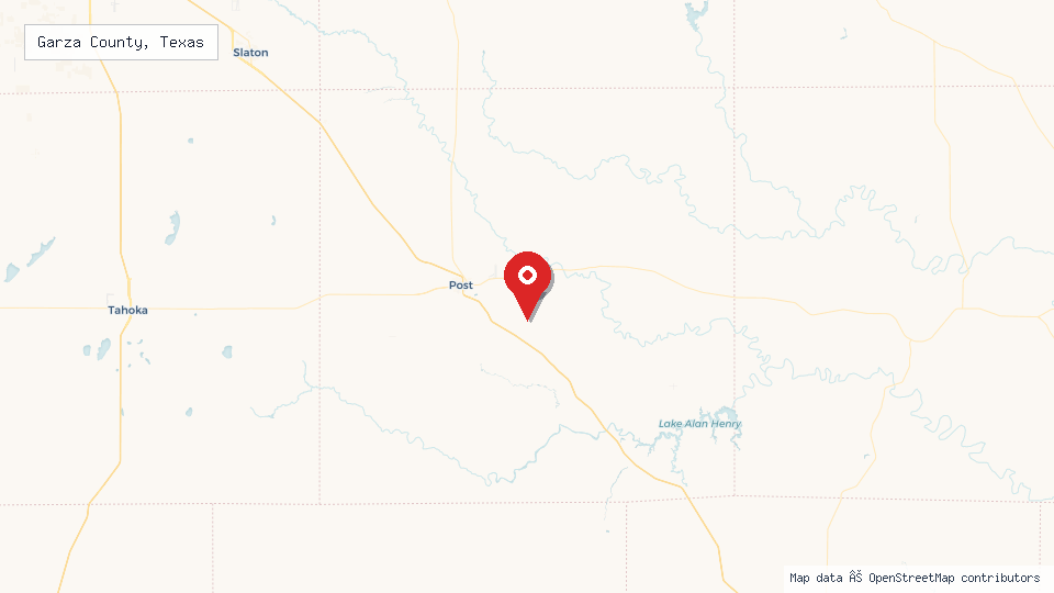 Street map of Garza County, Texas with location pin