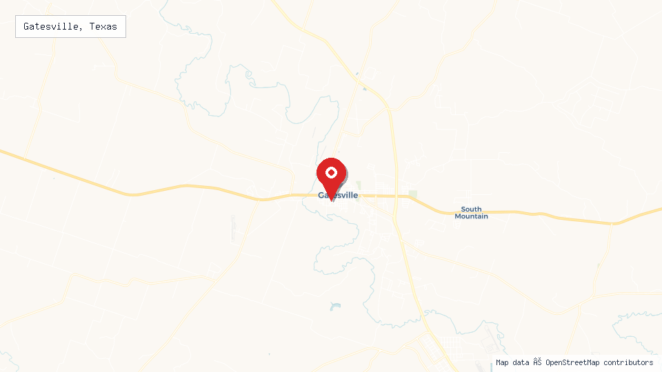 Street map of Gatesville, Texas with location pin
