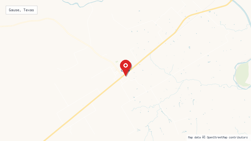 Street map of Gause, Texas with location pin