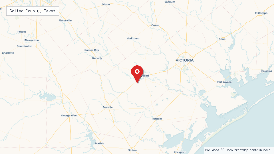 Street map of Goliad County, Texas with location pin