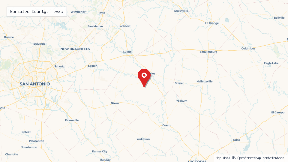 Street map of Gonzales County, Texas with location pin
