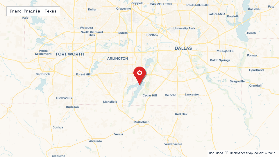 Street map of Grand Prairie, Texas with location pin
