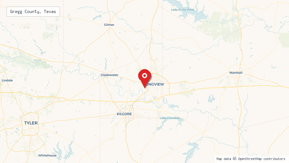 Street map of Gregg County, Texas with location pin
