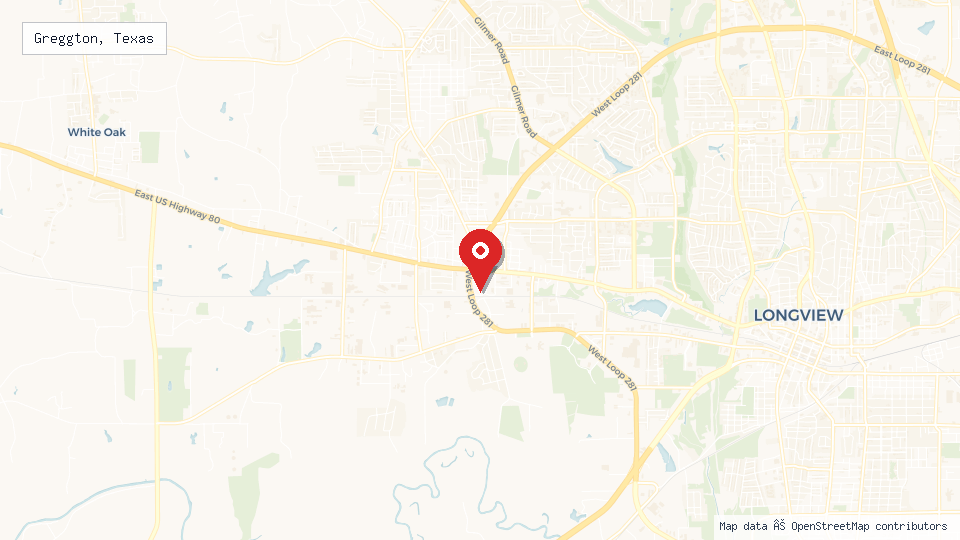 Street map of Greggton, Texas with location pin