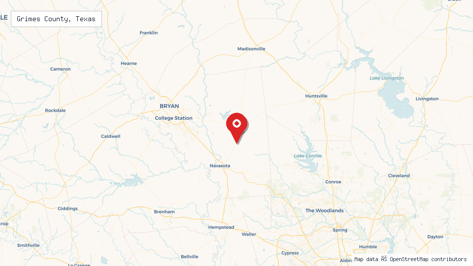 Street map of Grimes County, Texas with location pin