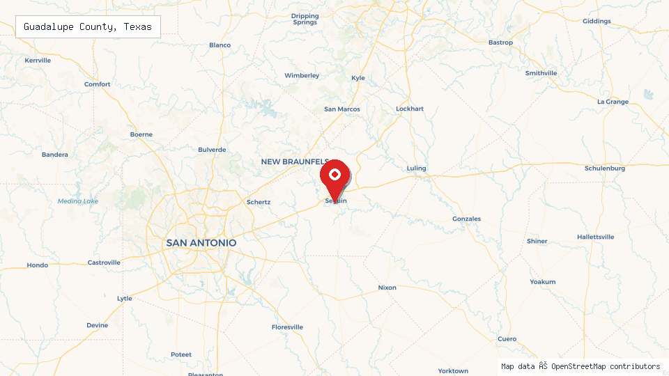 Street map of Guadalupe County, Texas with location pin