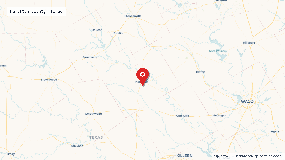 Street map of Hamilton County, Texas with location pin