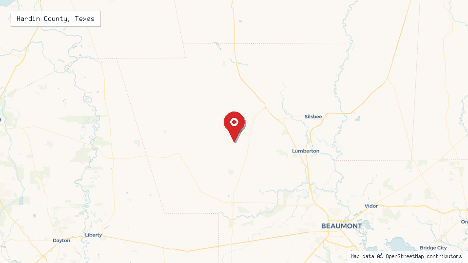 Street map of Hardin County, Texas with location pin