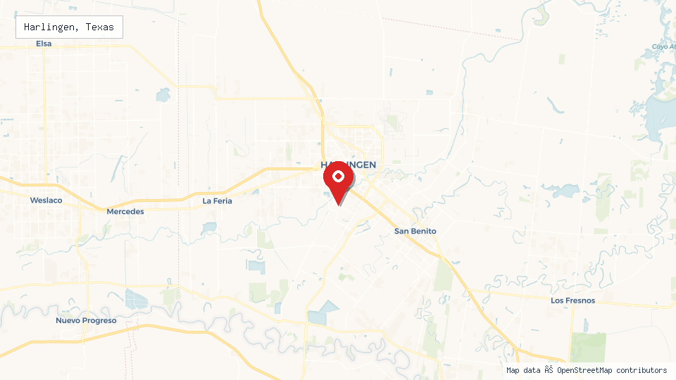 Street map of Harlingen, Texas with location pin