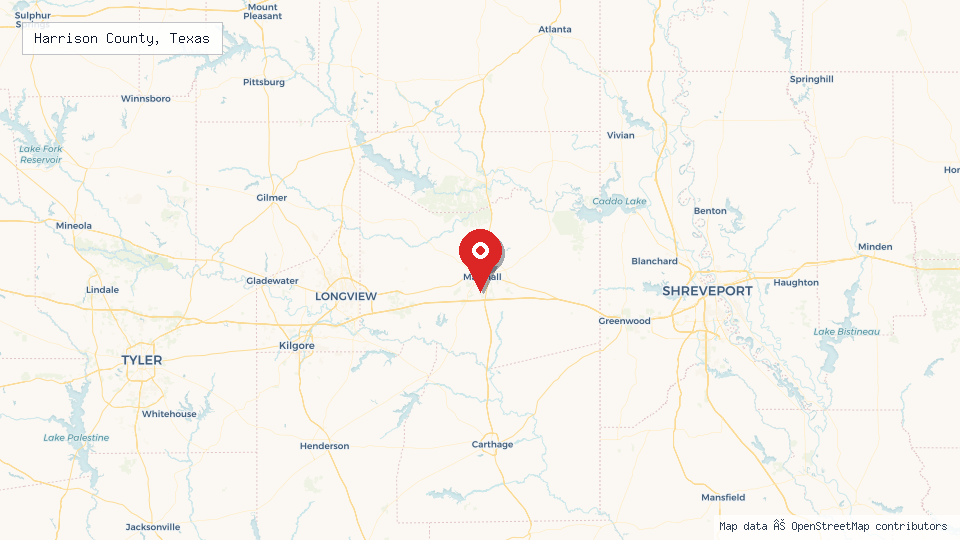 Street map of Harrison County, Texas with location pin