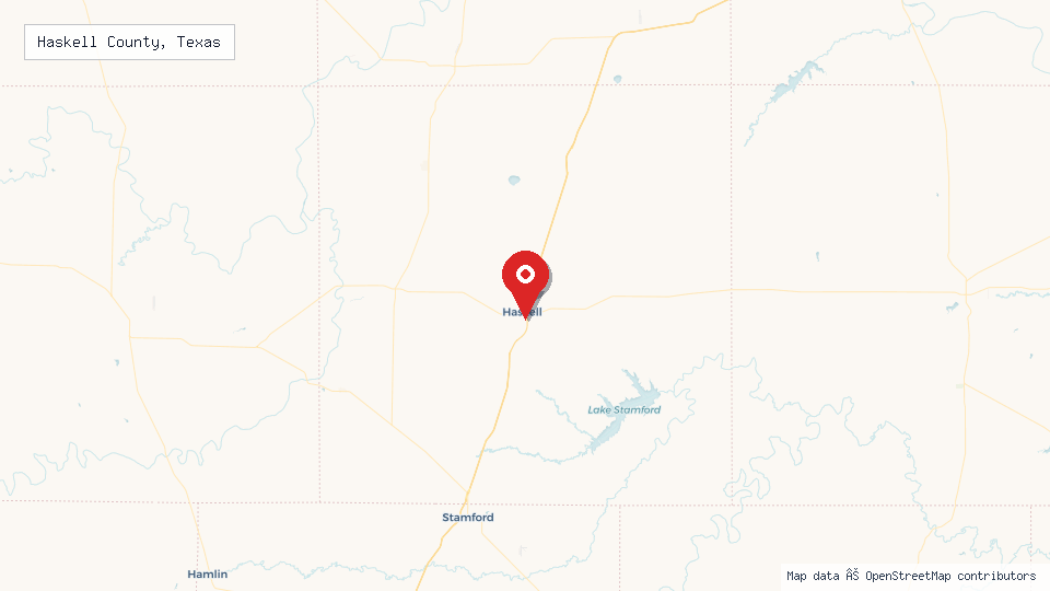 Street map of Haskell County, Texas with location pin