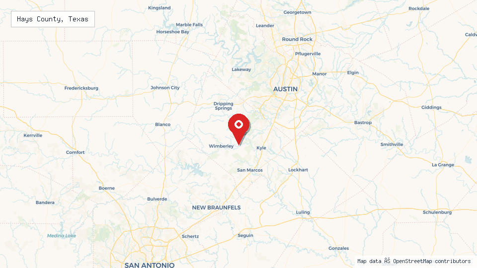 Street map of Hays County, Texas with location pin