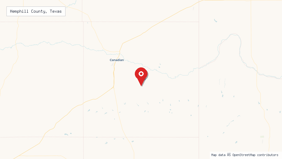 Street map of Hemphill County, Texas with location pin