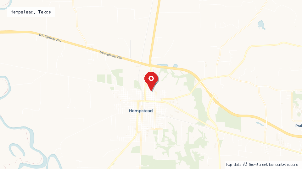 Street map of Hempstead, Texas with location pin