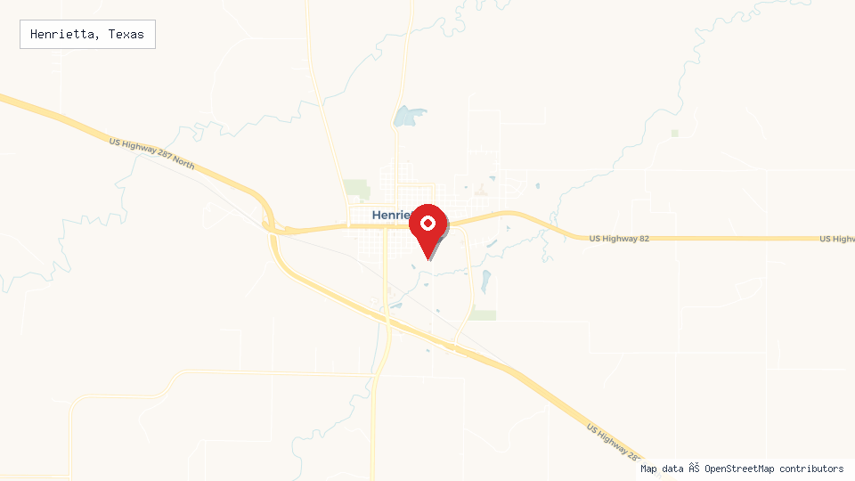 Street map of Henrietta, Texas with location pin