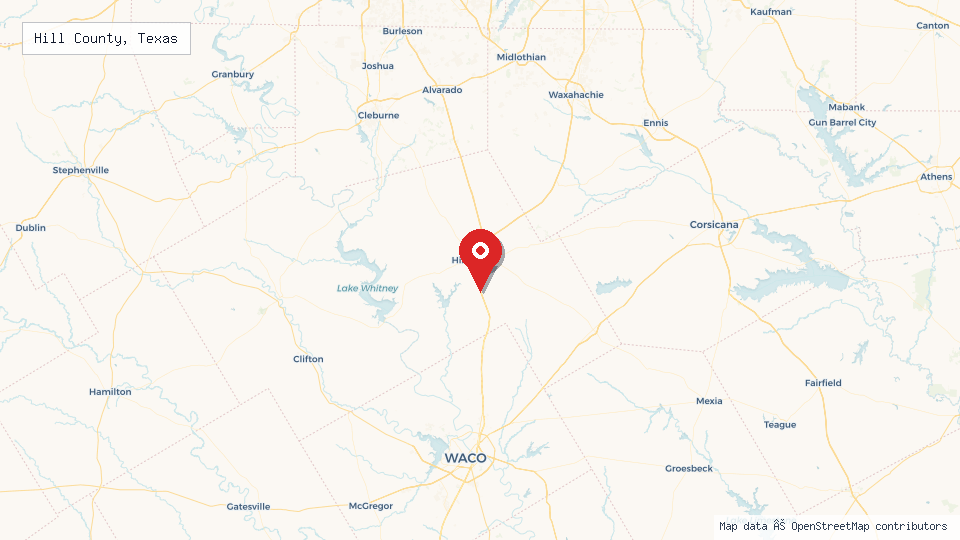 Street map of Hill County, Texas with location pin