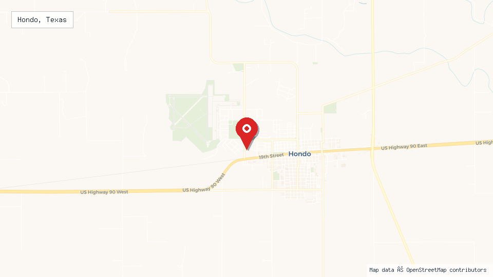 Street map of Hondo, Texas with location pin