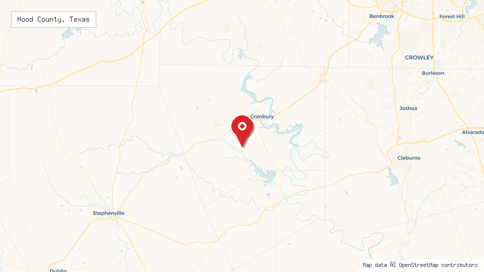 Street map of Hood County, Texas with location pin