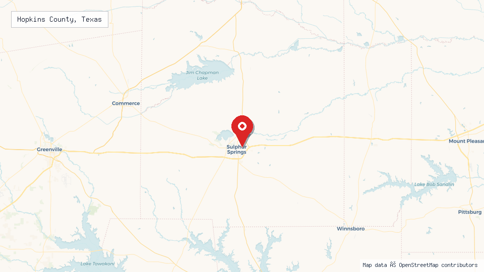 Street map of Hopkins County, Texas with location pin