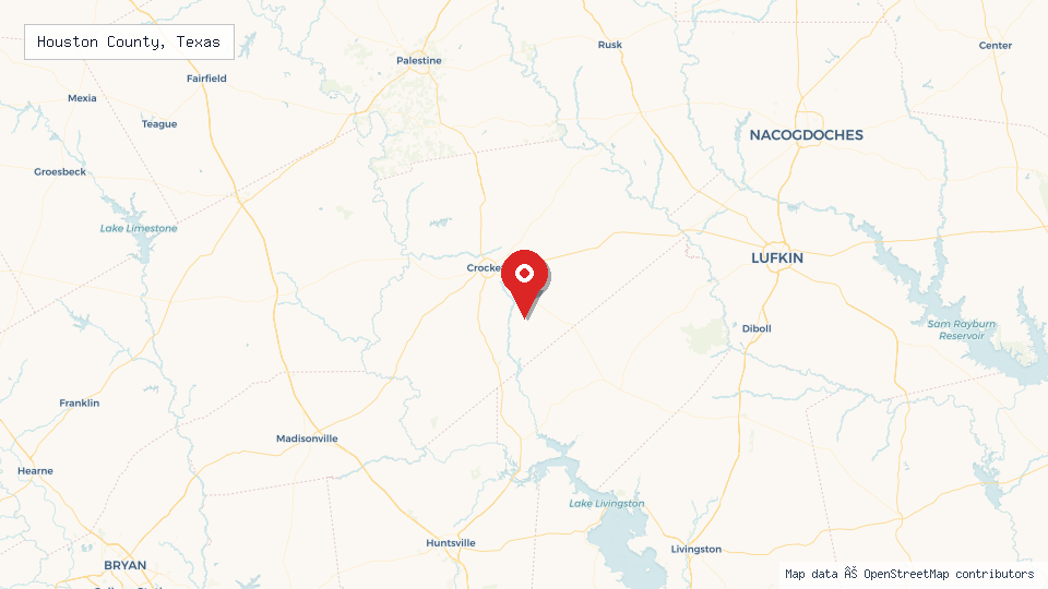 Street map of Houston County, Texas with location pin