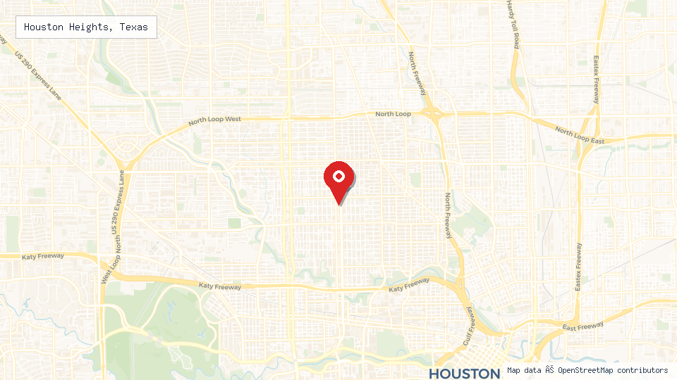 Street map of Houston Heights, Texas with location pin
