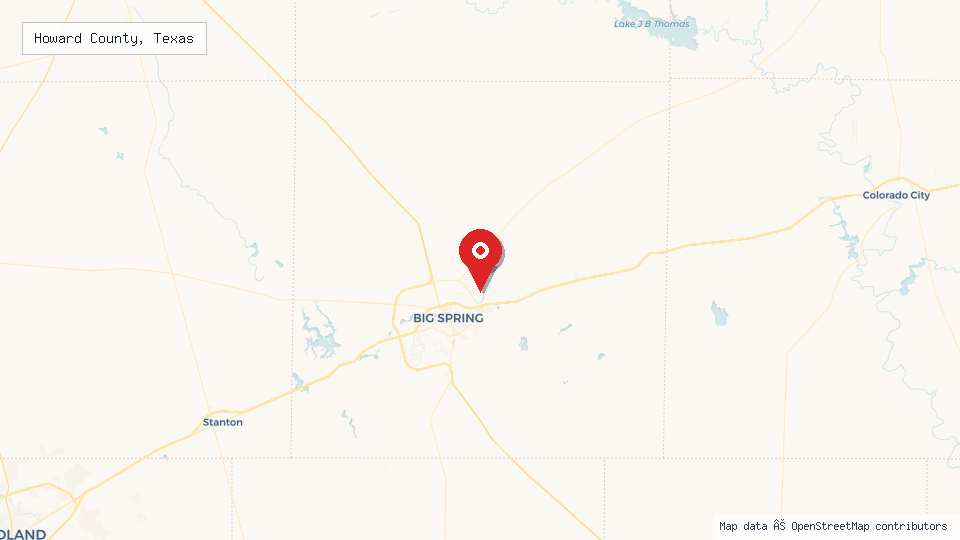 Street map of Howard County, Texas with location pin