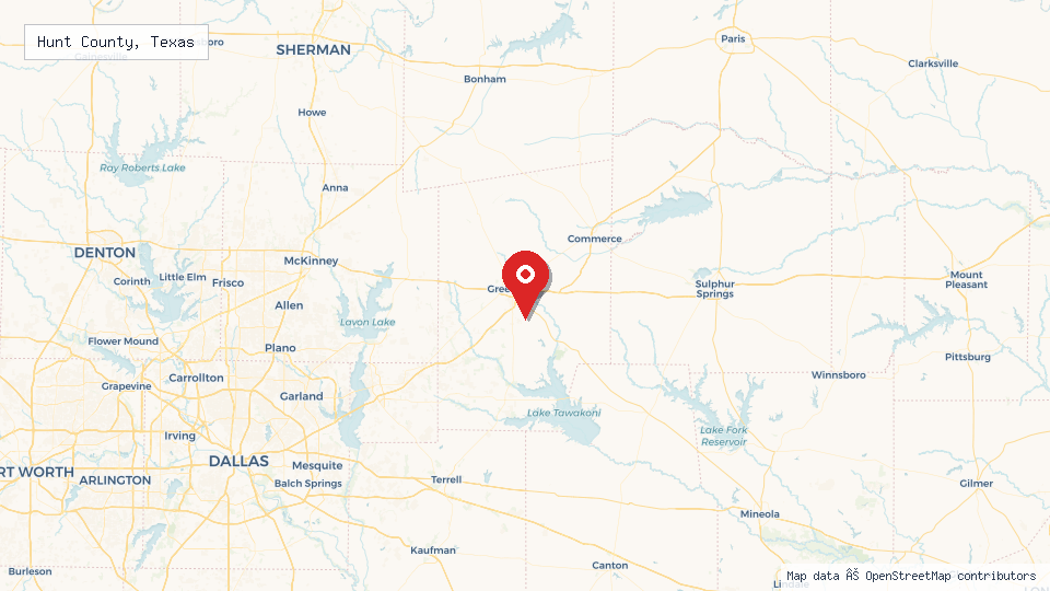 Street map of Hunt County, Texas with location pin