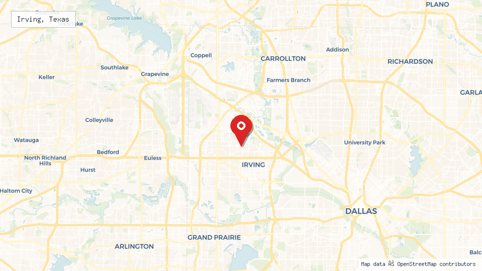 Street map of Irving, Texas with location pin